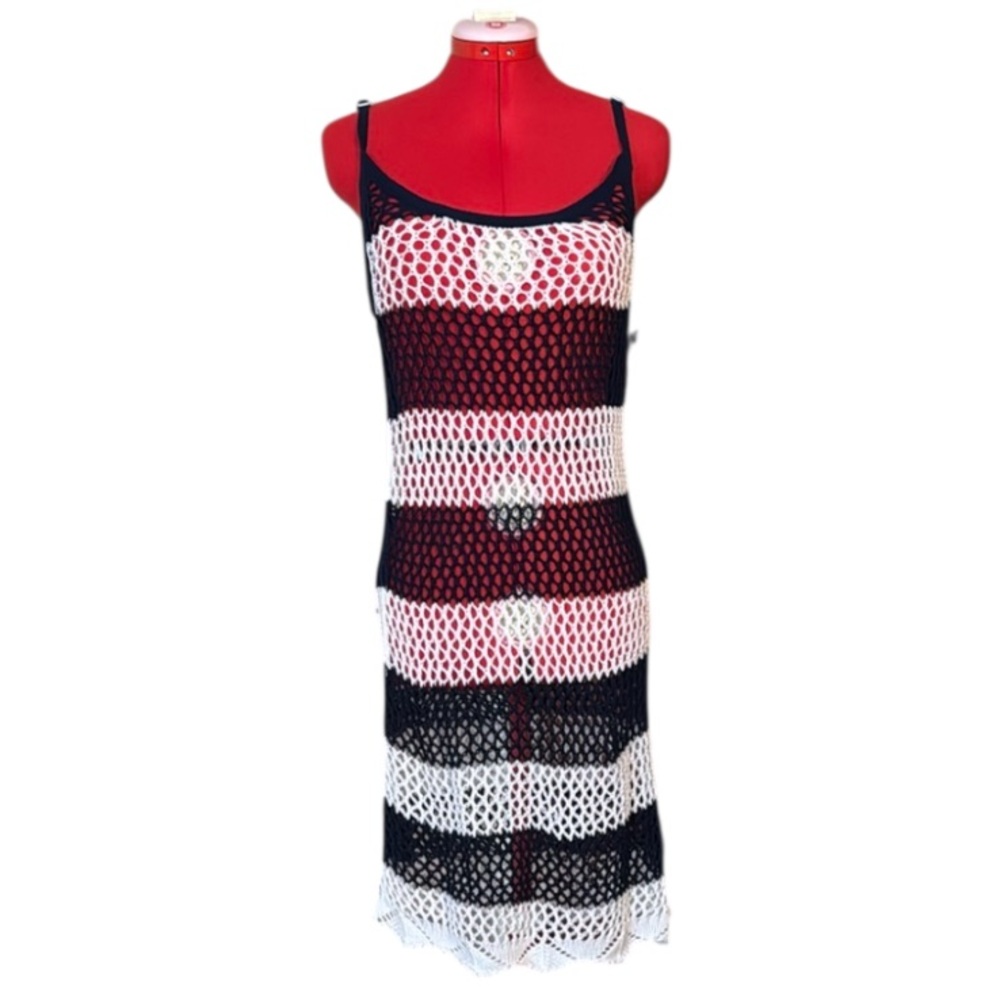 Sperry Blue and White Spaghetti Strap Crochet Knit Coverup Dress Size Medium